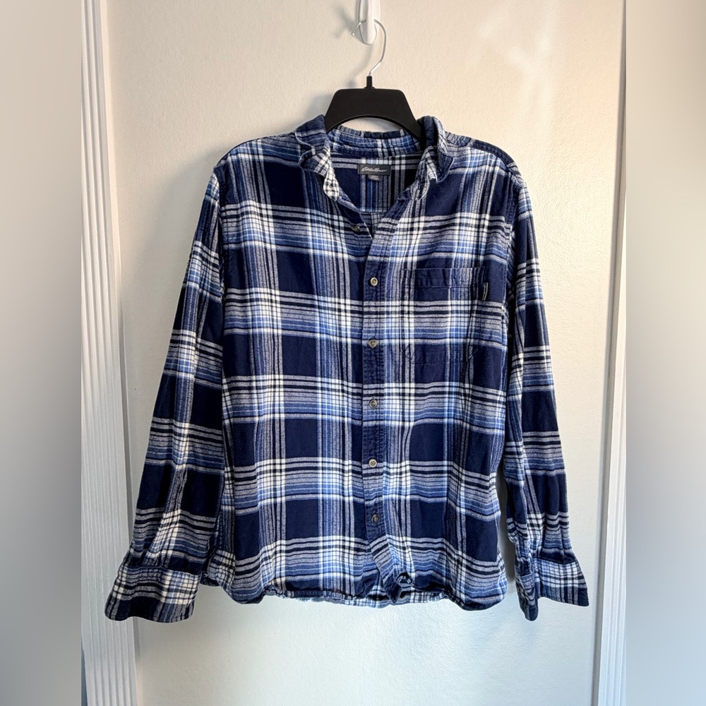 Eddie Bauer Men's Blue Plaid Button Down Flannel - Size Large